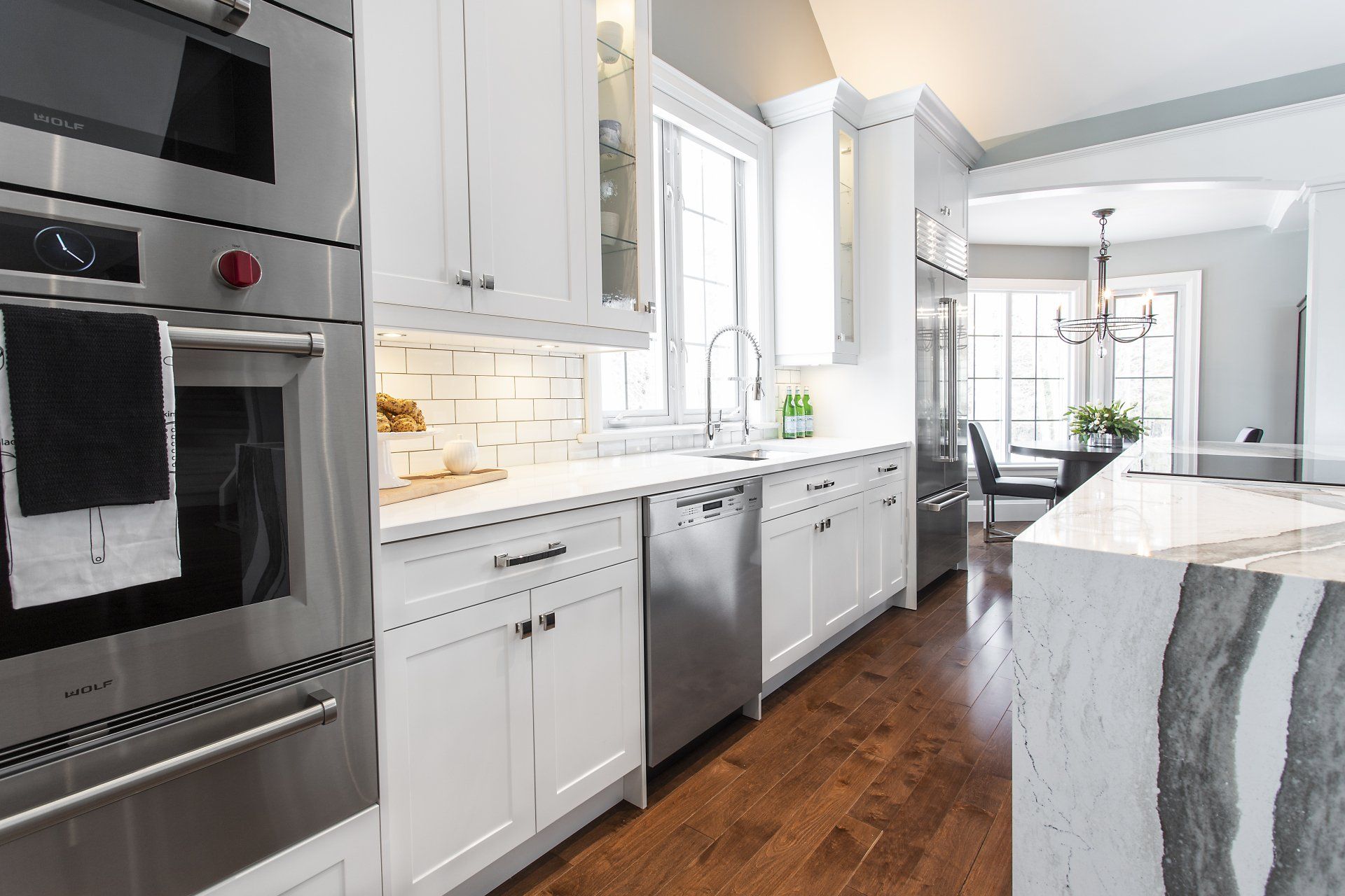 kitchen with white marble countertops