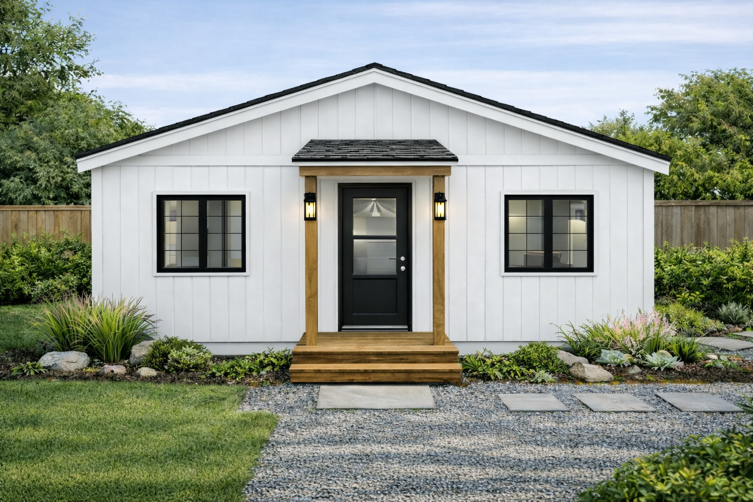 Small white cottage with black trim, front porch, and gravel path in a landscaped yard.