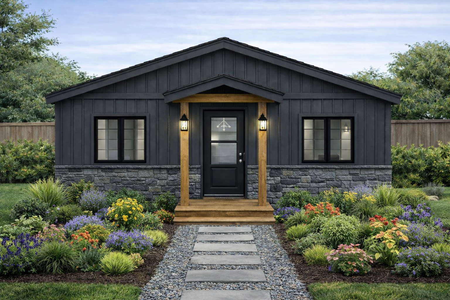 Modern dark-gray house with stone facade, front porch lights, and a landscaped garden path