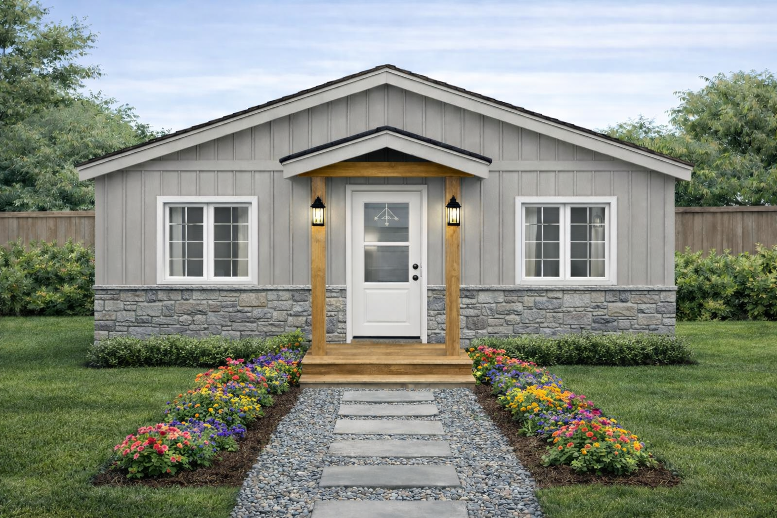 Front view of a gray cottage with a stone walkway, porch lights, and colorful flower beds.