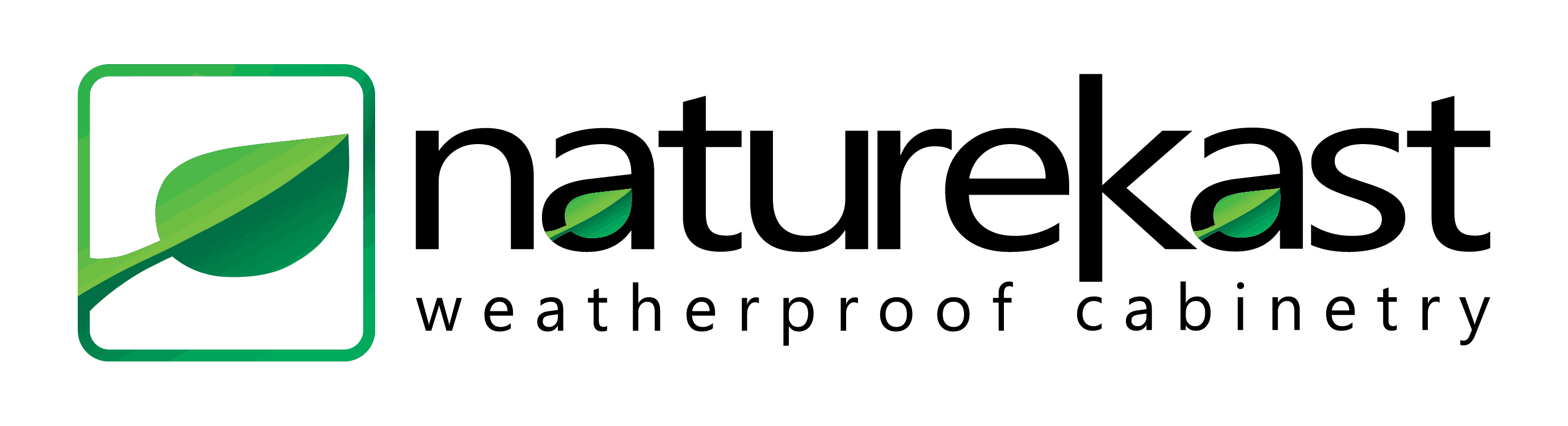 A logo for naturekast weatherproof cabinetry with a green leaf