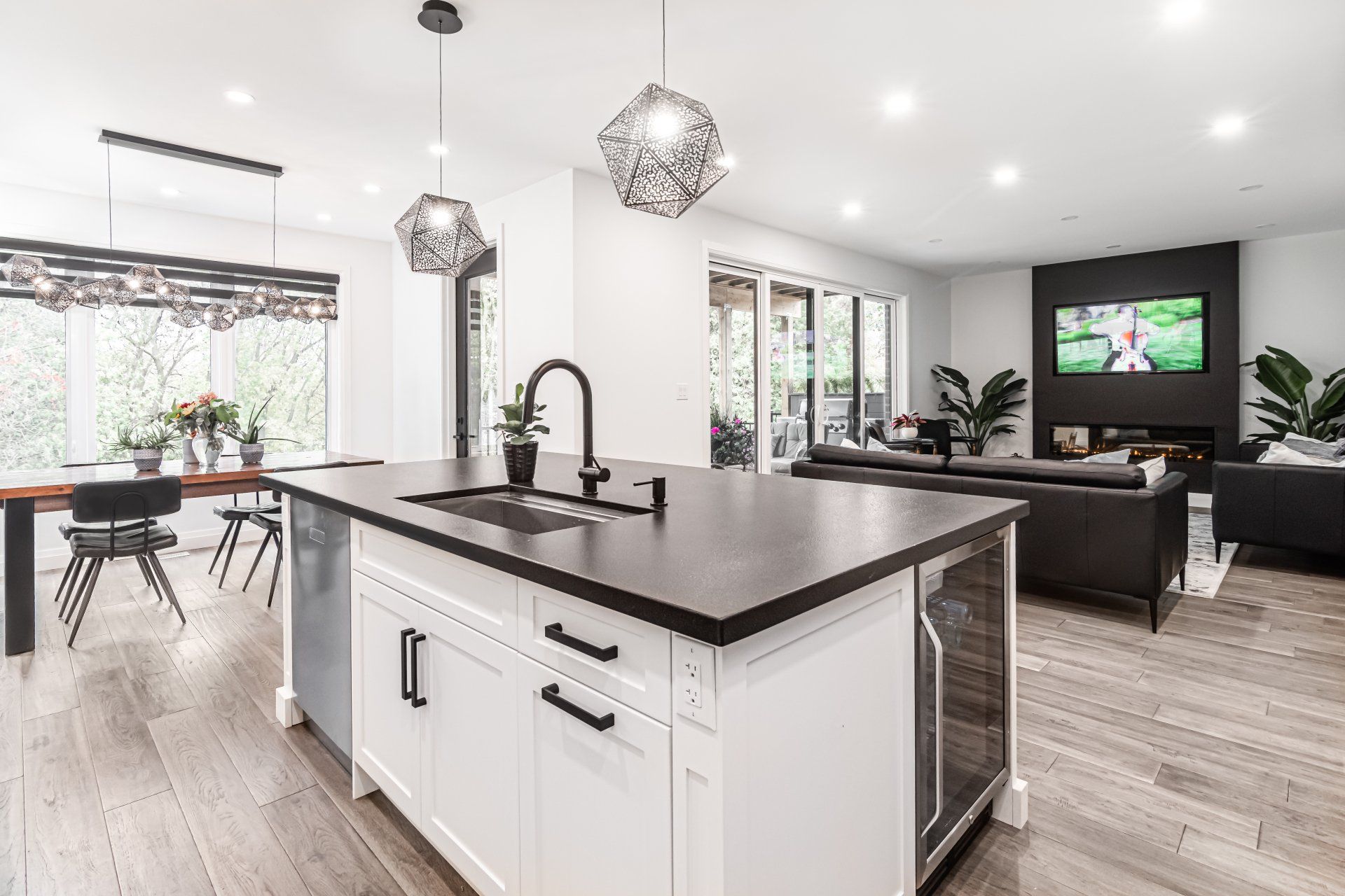 There is a large island in the middle of the kitchen.