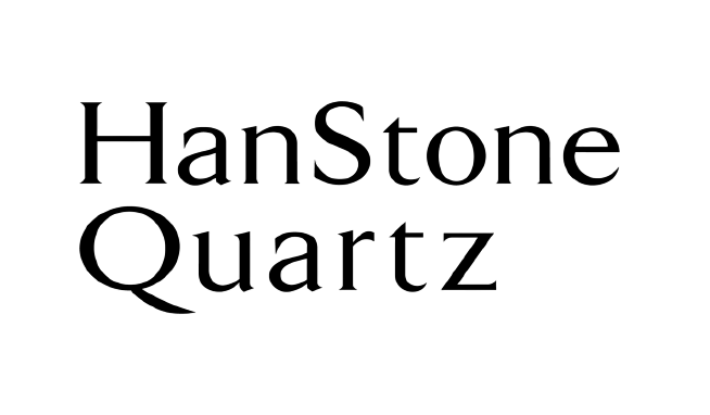 A black and white logo for hanstone quartz on a white background.