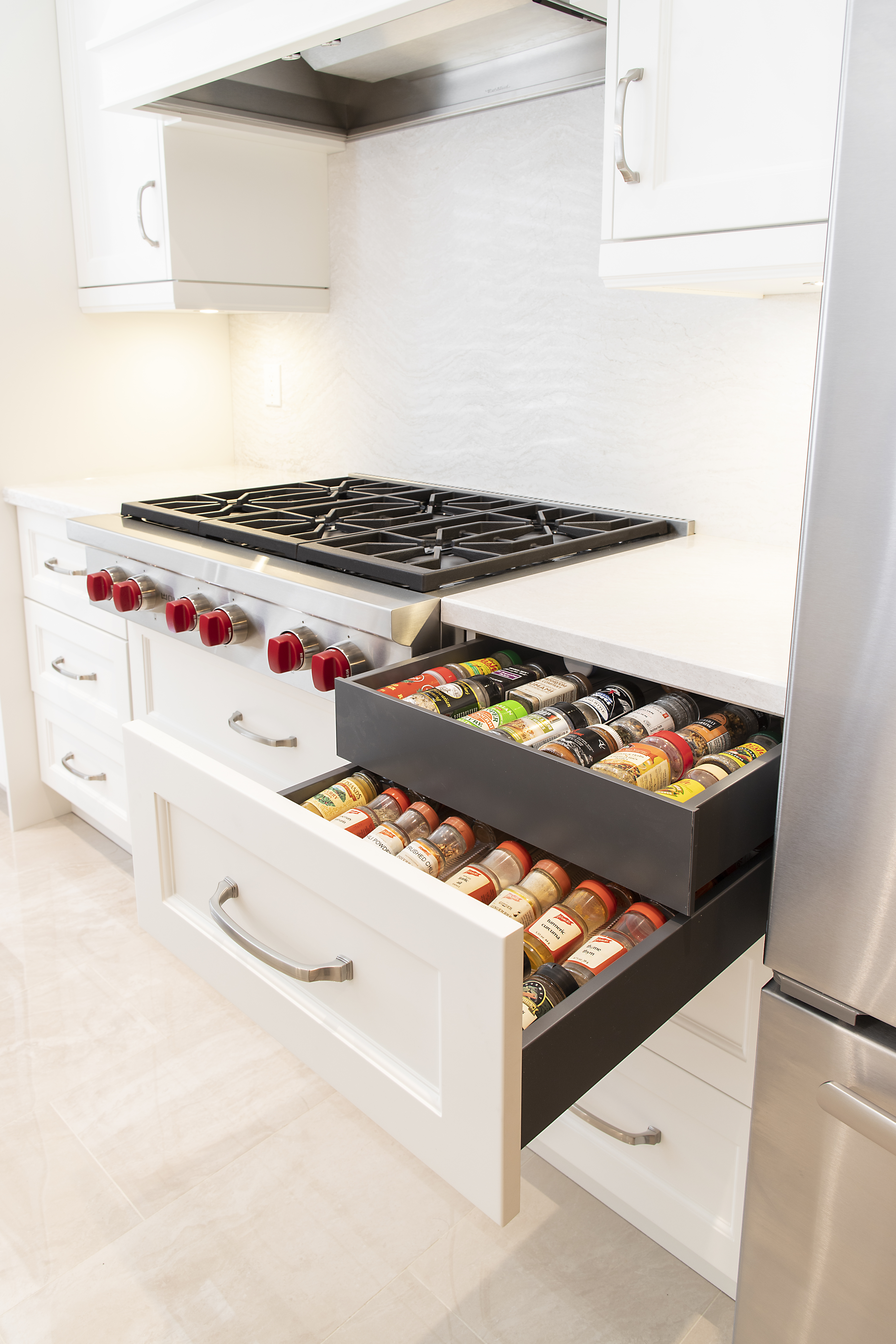 pulled out drawers in kitchen