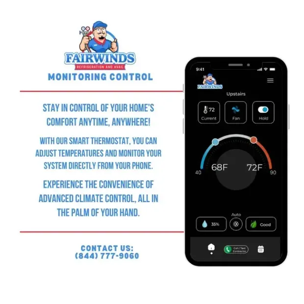 Fairwinds Monitoring Control ad with smartphone climate app and temperature display on blue background