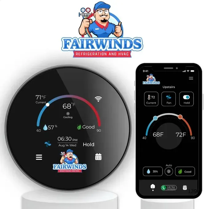 Fairwinds HVAC thermostat and smartphone app showing indoor temperature controls and status