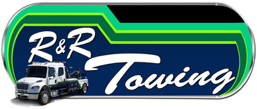 A logo for r & r towing with a tow truck in the background.