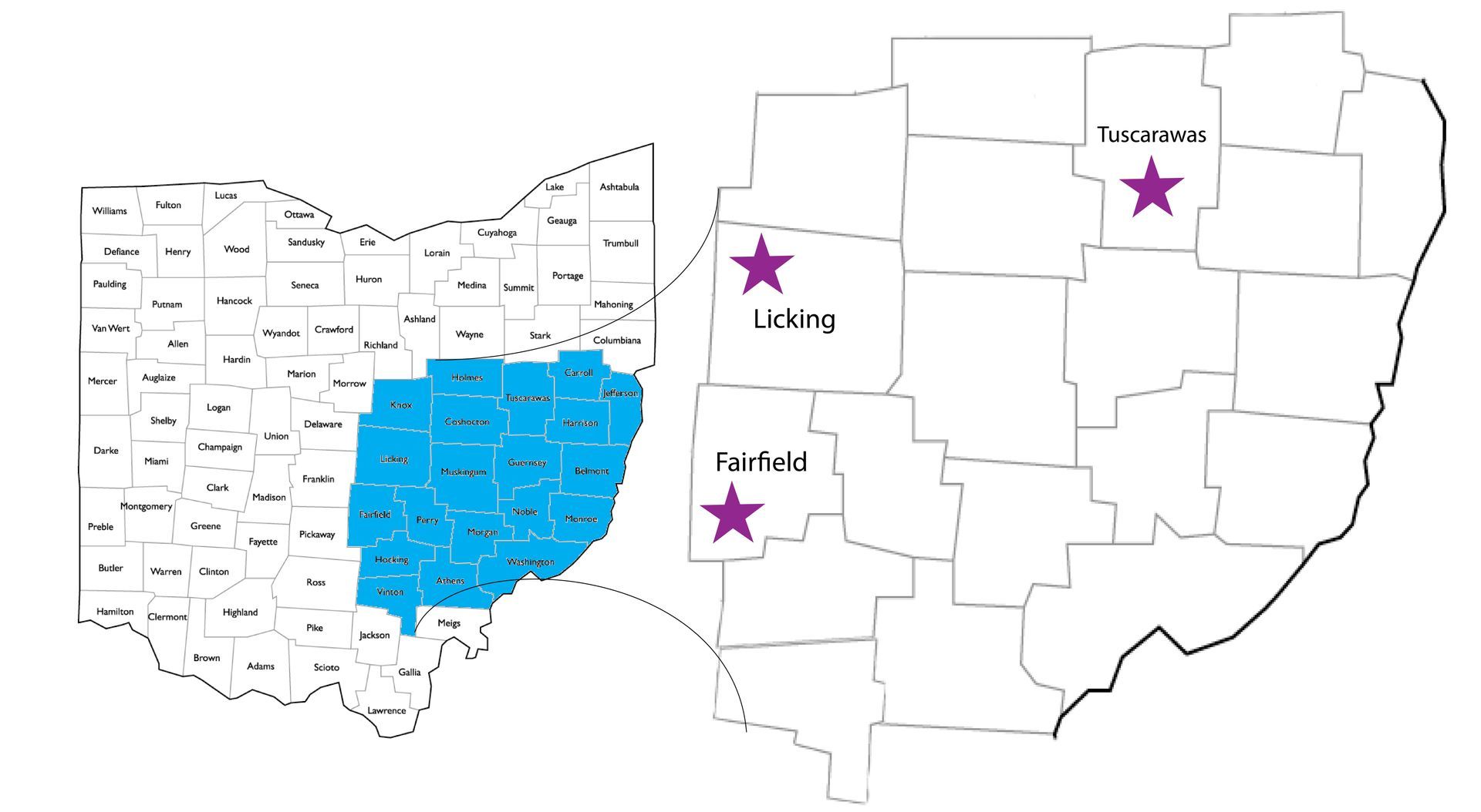 Map of Ohio highlighting a central region in blue and marking Newark, Zanesville, and Barnesville with purple stars.