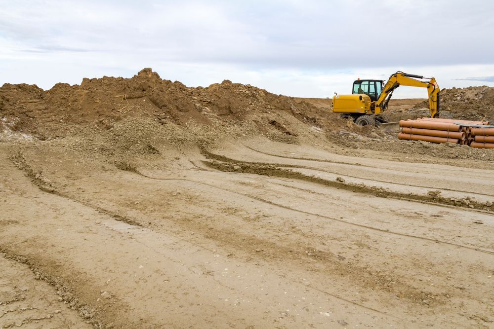 Bulldozer on a Dirt Construction Site Beside Stacked Logs Under an Overcast Sky — Mike Barlow Earthmoving Pty Ltd in Rockhampton, QLD