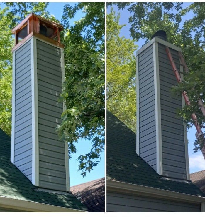 Two views of a house chimney with gray siding and a red-brown cap amid tree branches