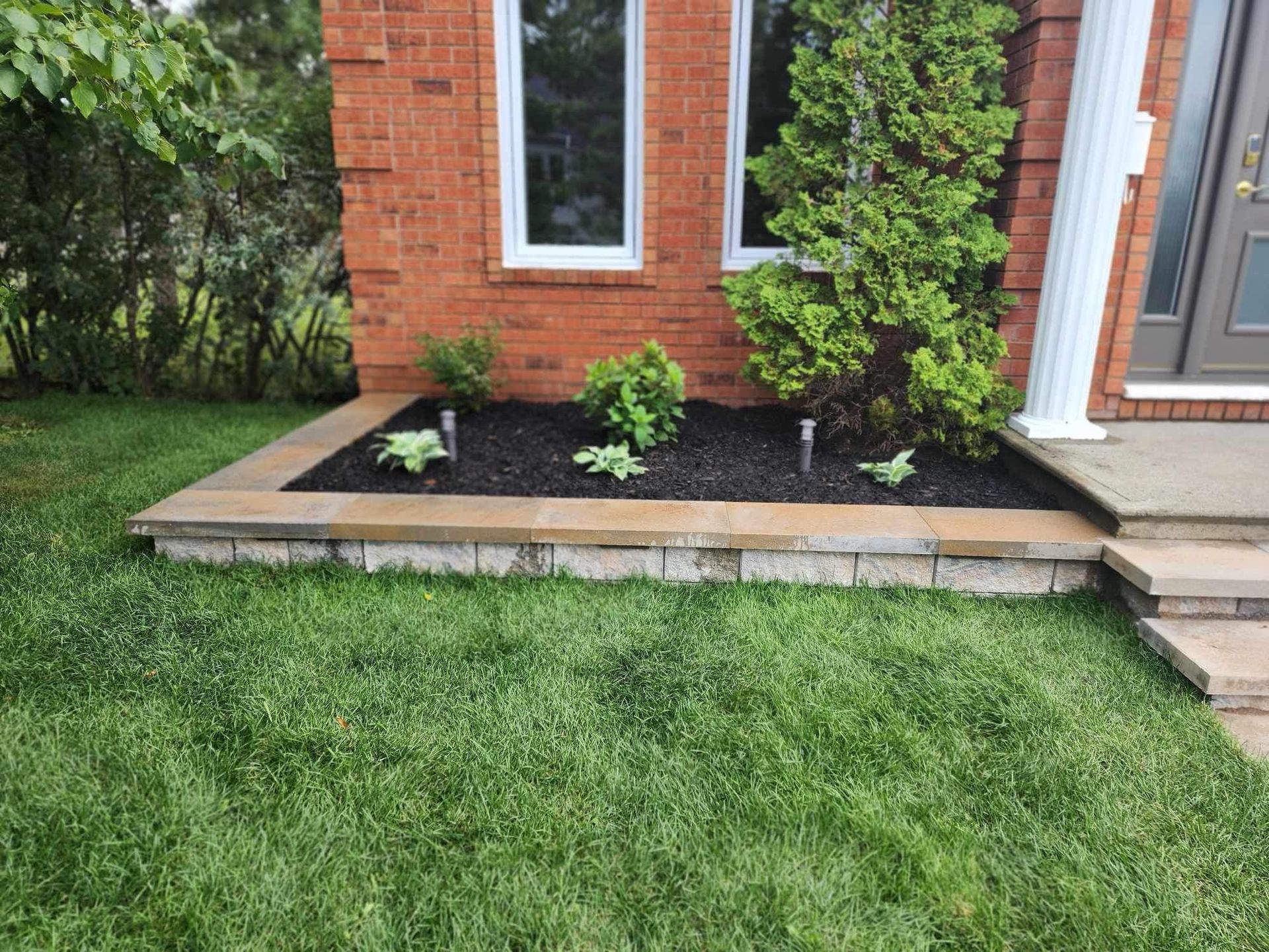 Un parterre de jardin avec de petites plantes se détache sur une maison en briques rouges et une pelouse verte, à l'avant de la maison.