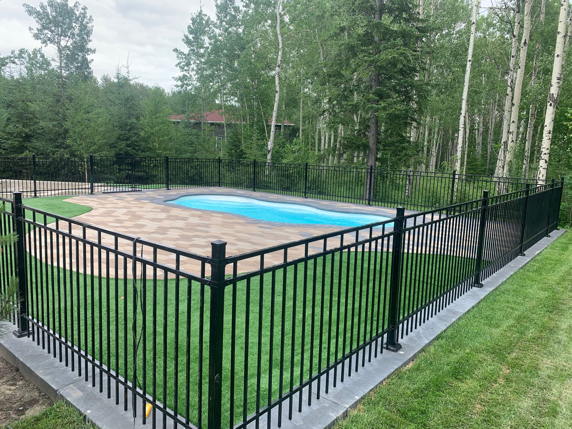 Piscine clôturée dans le jardin avec eau bleue, zone de sable et grands bouleaux tout autour.