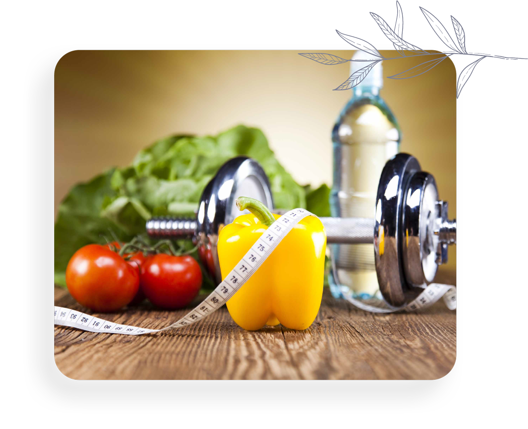 A dumbbell , pepper , tomatoes , and a bottle of water are on a wooden table.