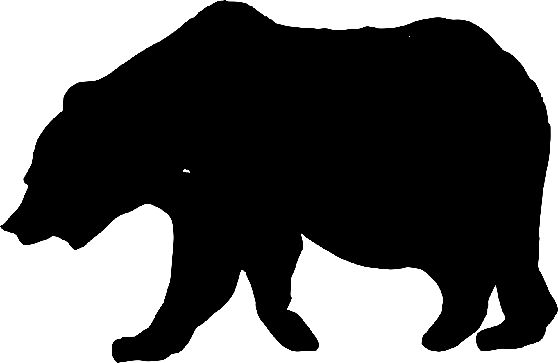 A black silhouette of a bear walking on a white background.