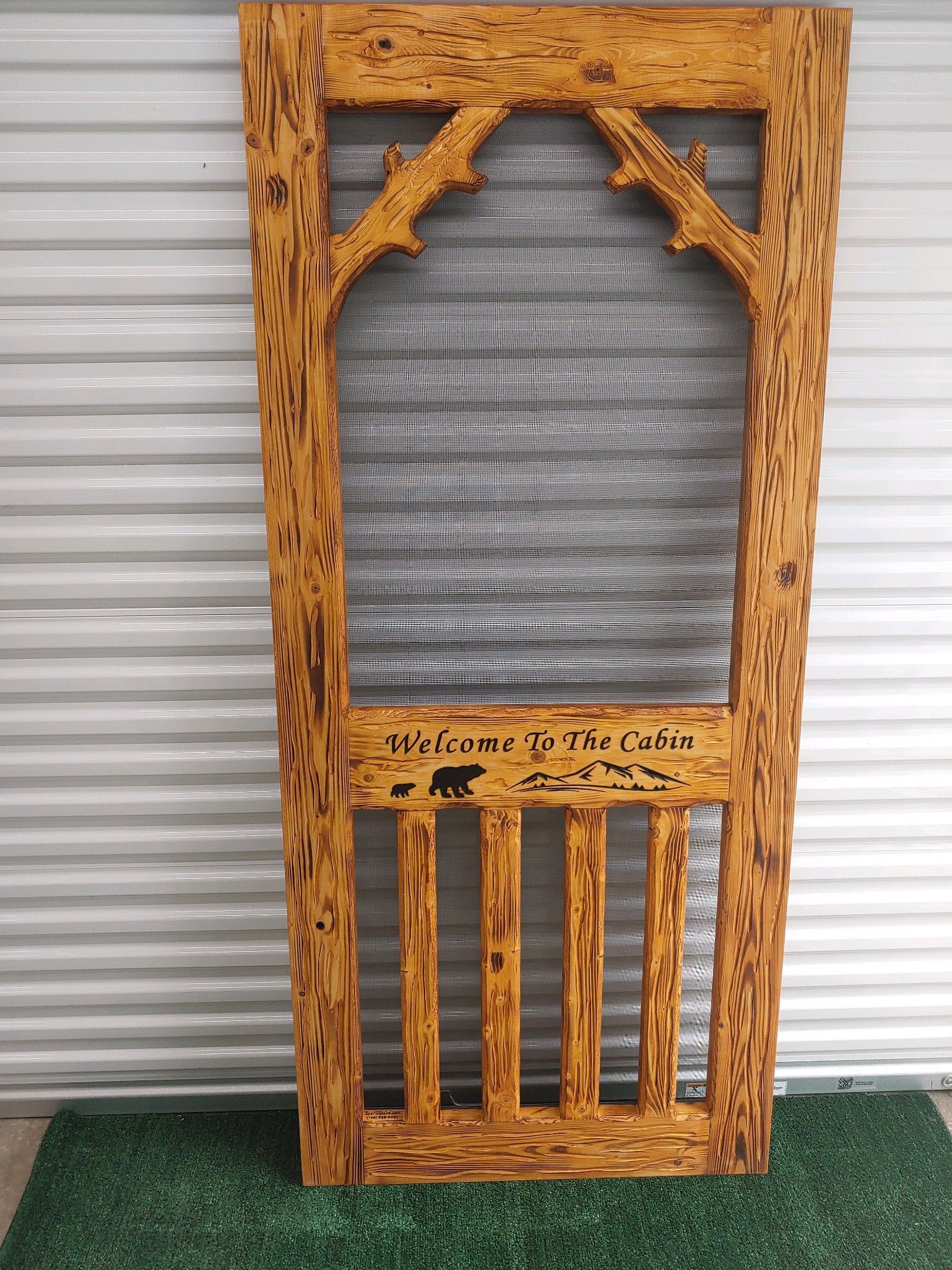 Rustic Screen Door with Carved Middle Rail 