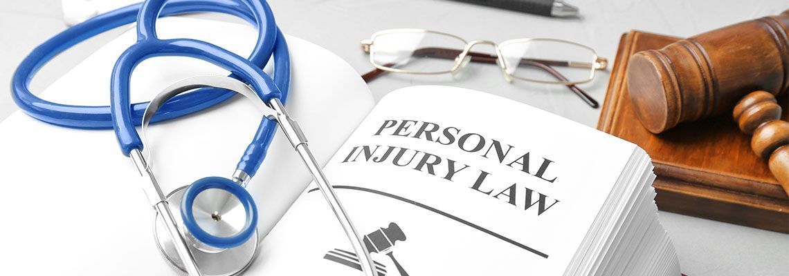 A stethoscope is sitting on top of a personal injury law book.