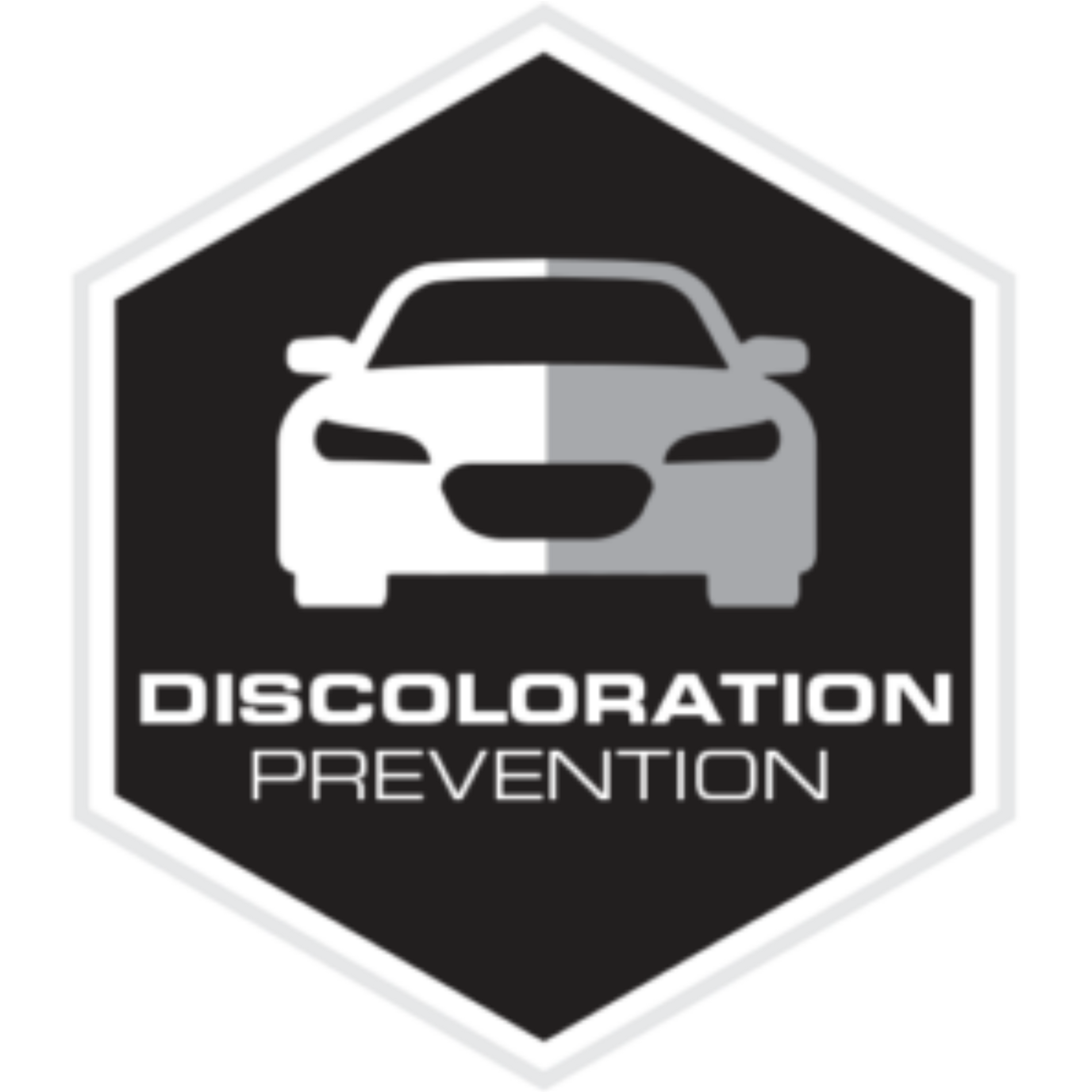 A black and white logo for discoloration prevention