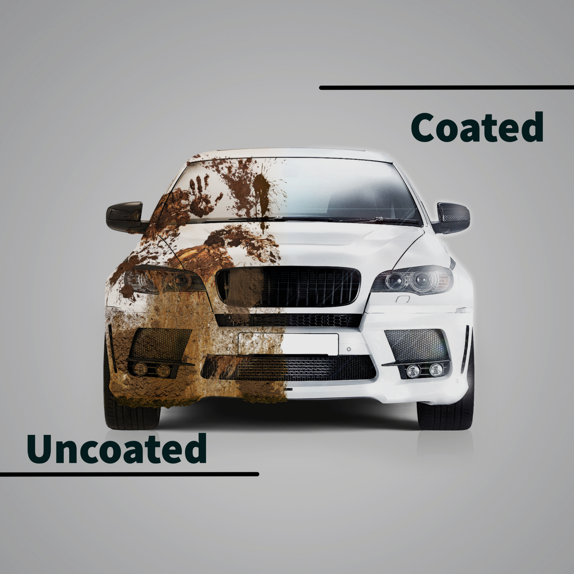 A white car is shown before and after being coated and uncoated.
