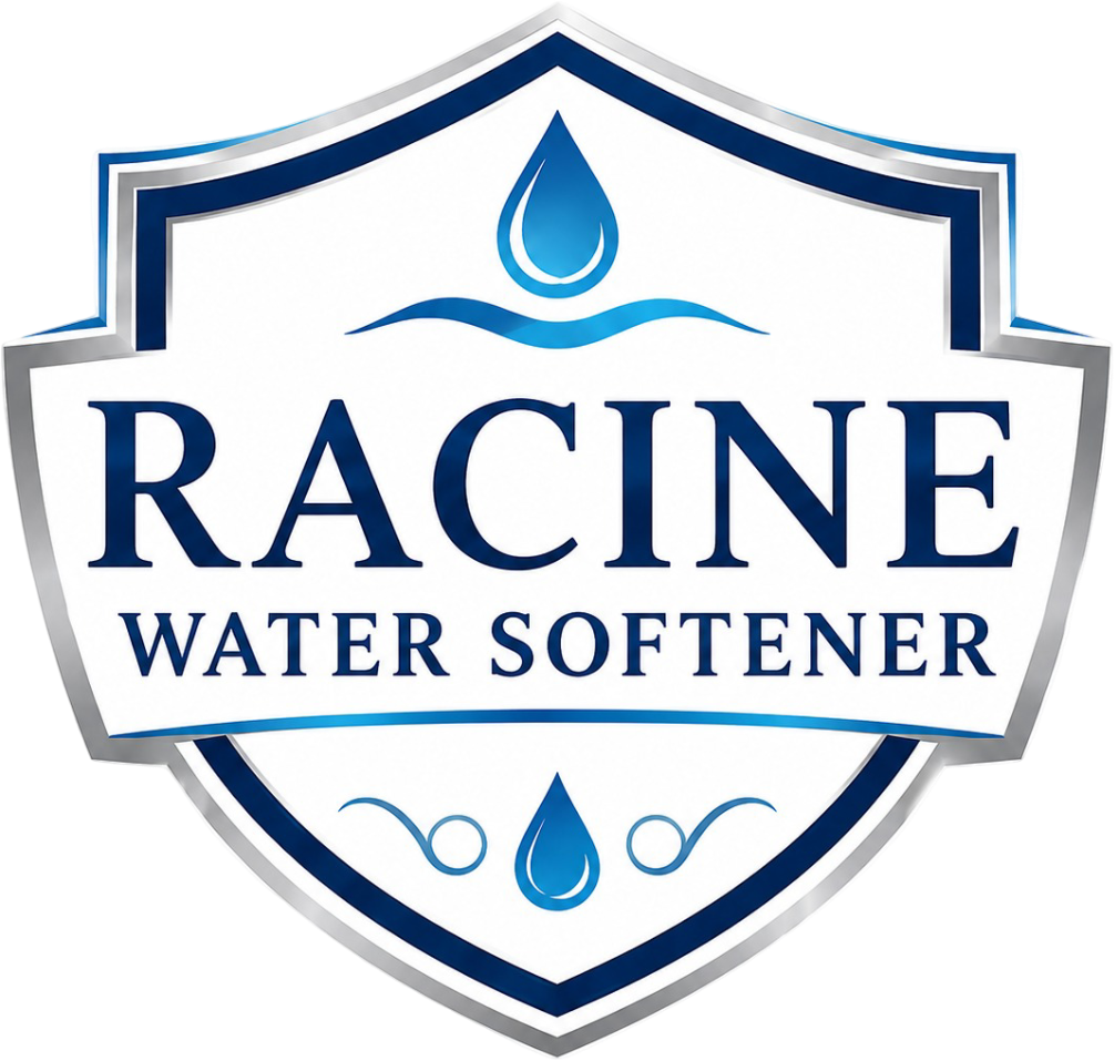 Racine Water Softener Logo with Shield Badge Emblem, Water Droplet Icons, Wave Graphic, and Company Name in Racine, WI