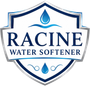 Racine Water Softener Logo with Shield Badge Emblem, Water Droplet Icons, Wave Graphic, and Company Name in Racine, WI
