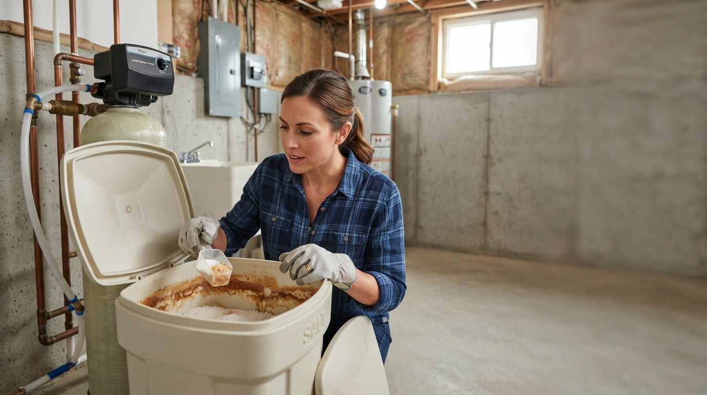 Woman wearing gloves cleaning residue from an open water softener brine tank