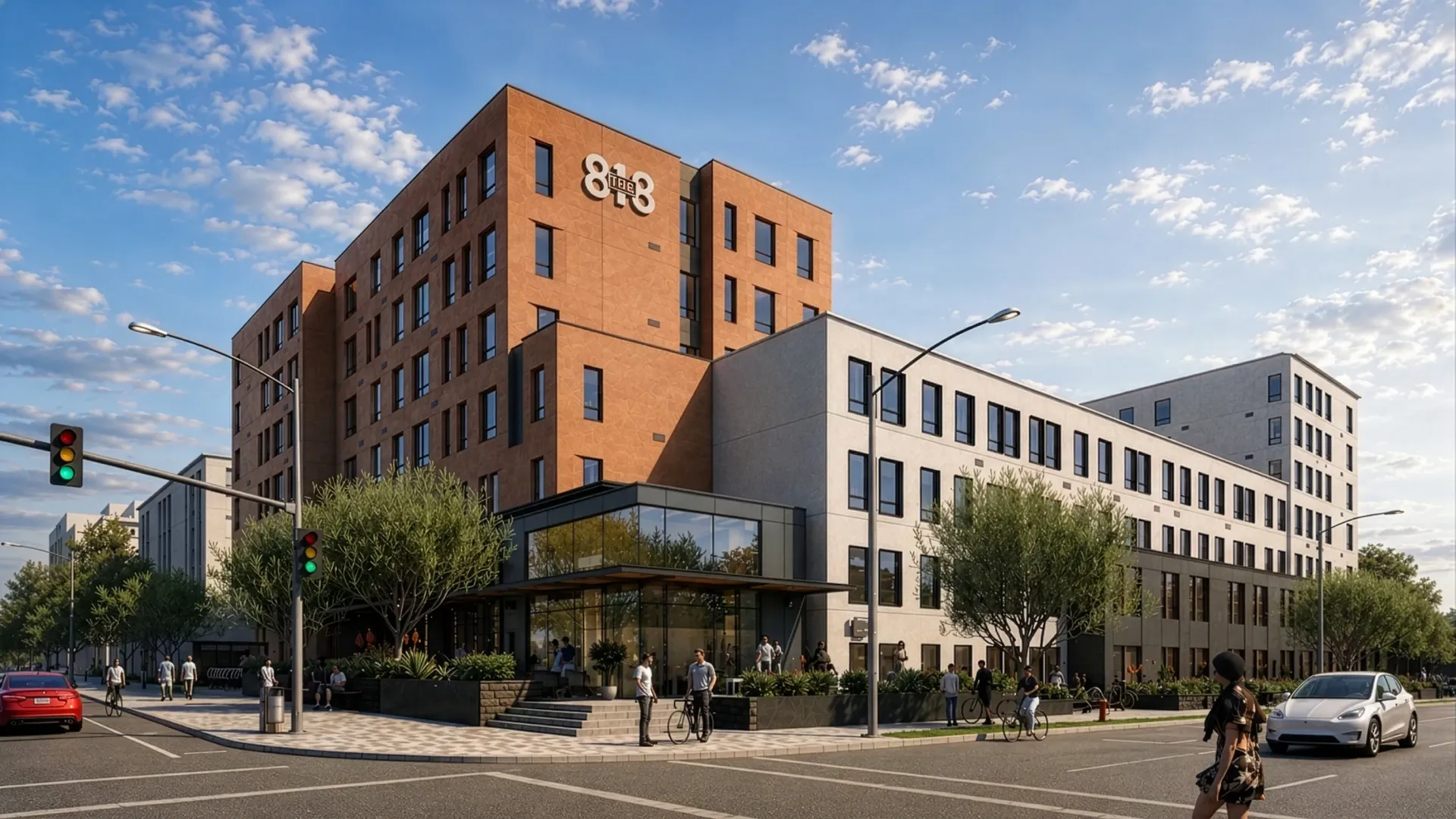 Exterior of the 818 apartment building with modern architecture, red brick and white facade, and street-level commercial spaces.