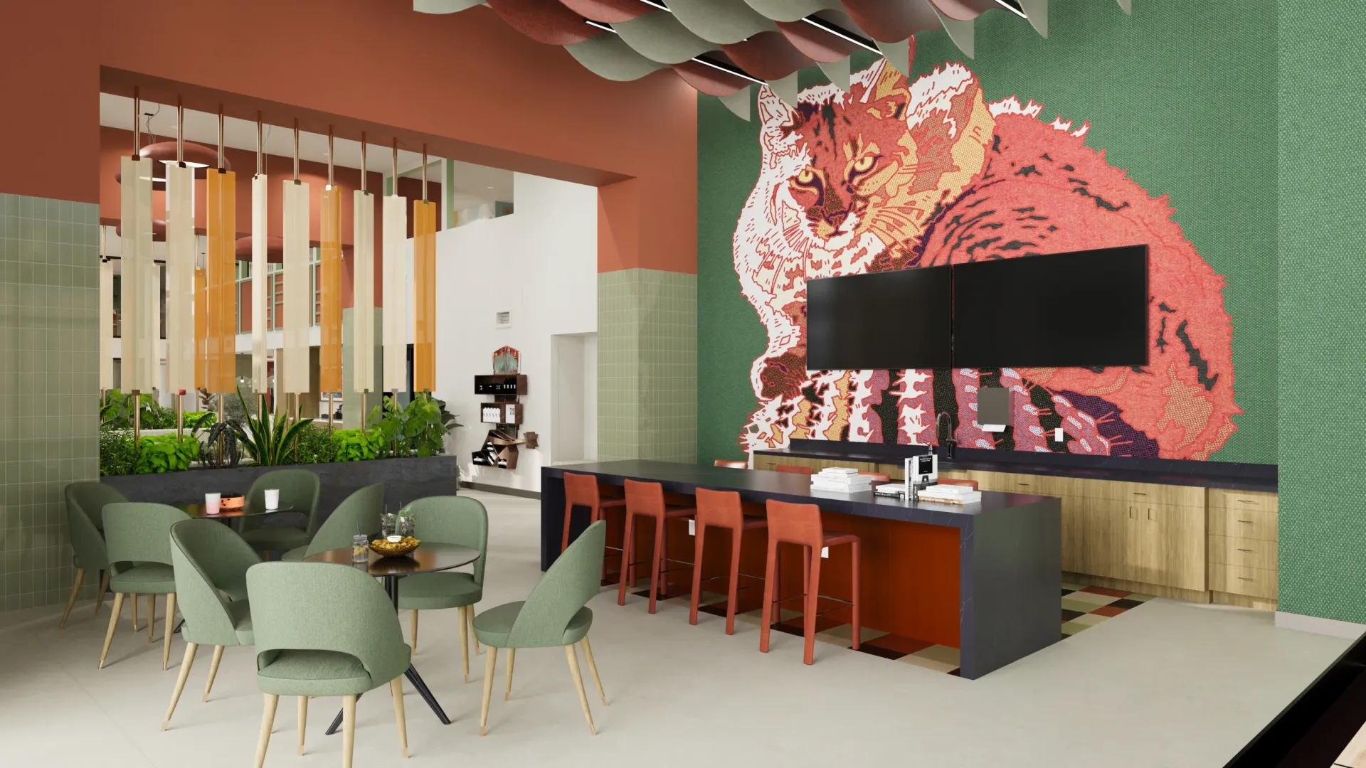 Stylish communal lounge with a large cat mural, bar seating, and a cafe area.