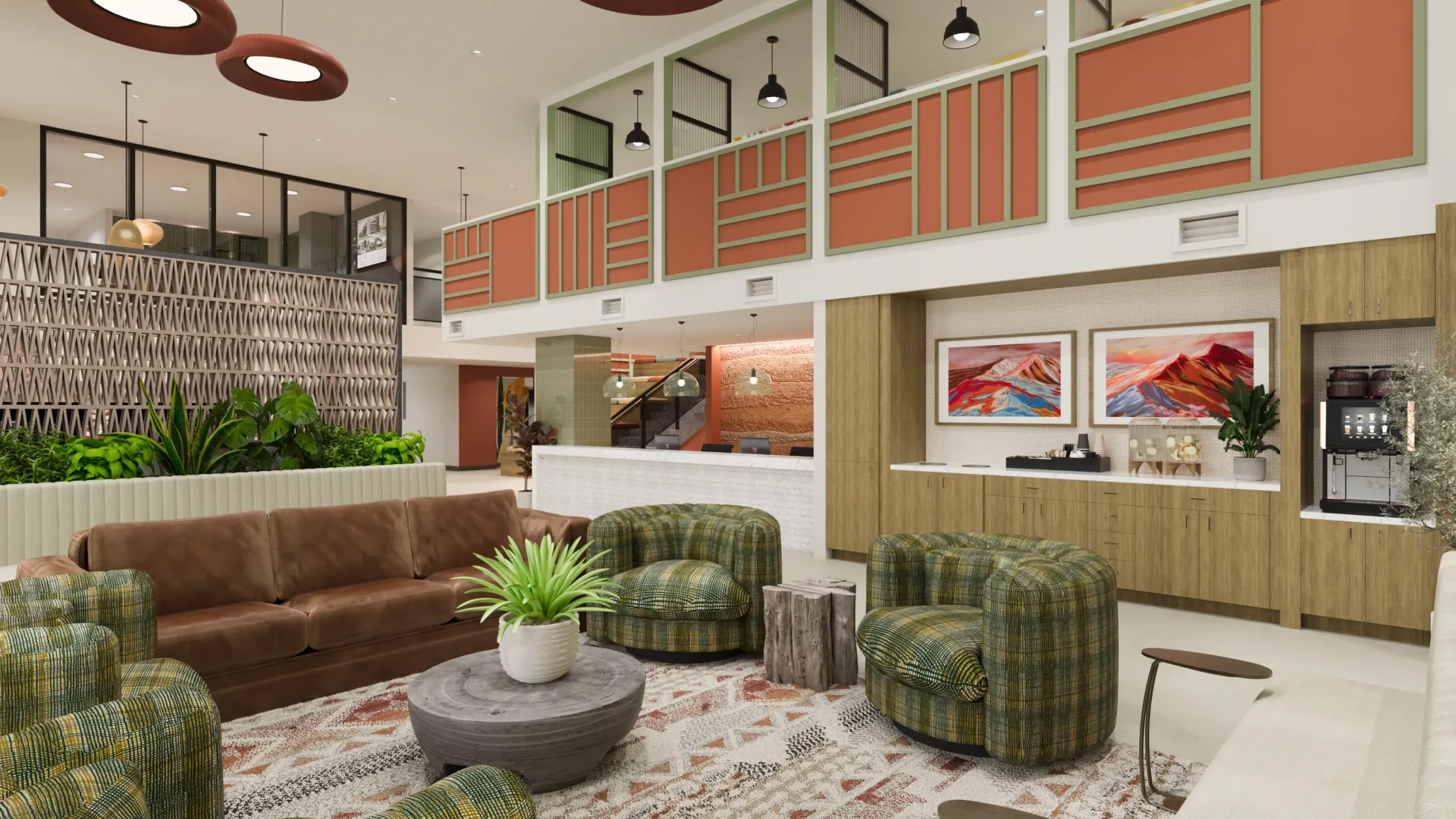 Lobby seating area with plush chairs, a large sofa, and a coffee table.