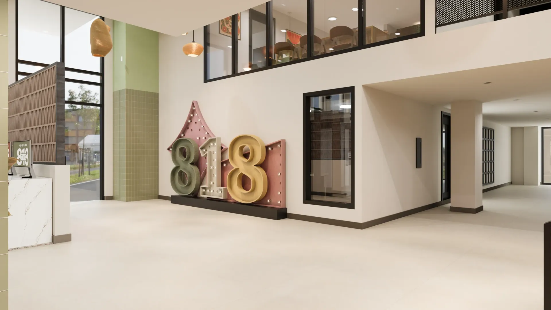 Large illuminated numbers '818' in an apartment building lobby with a reception desk and modern decor.