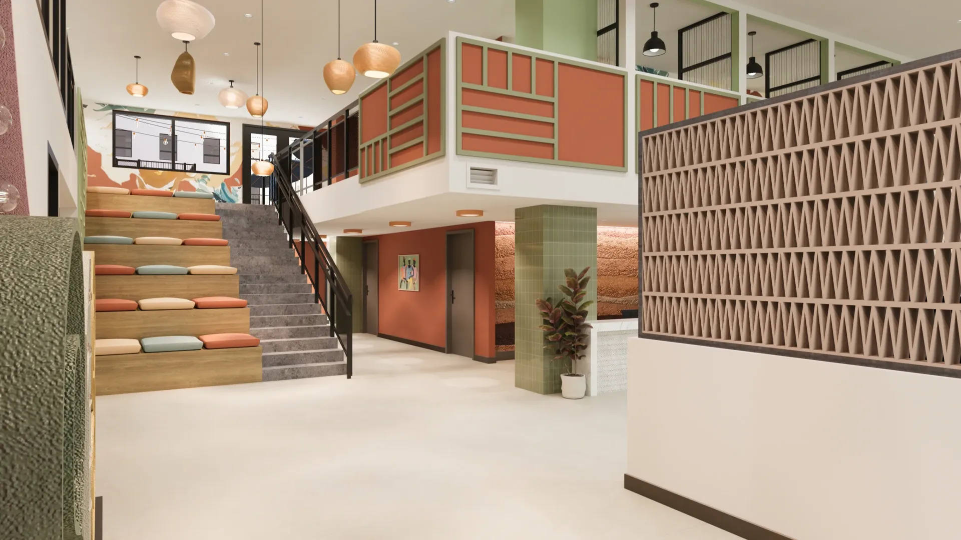 Modern apartment building lobby with tiered seating and a reception desk.