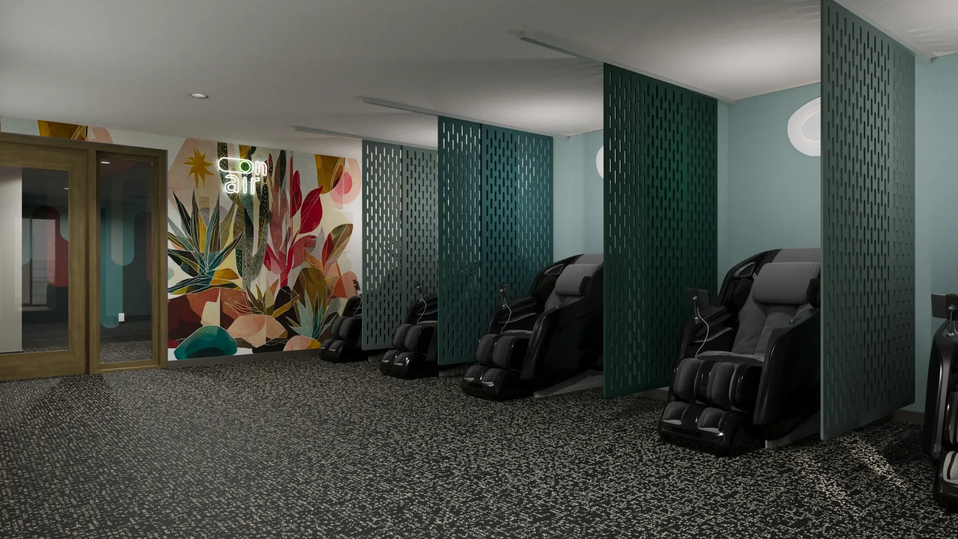 Massage chairs in a relaxation room with abstract art and decorative dividers.