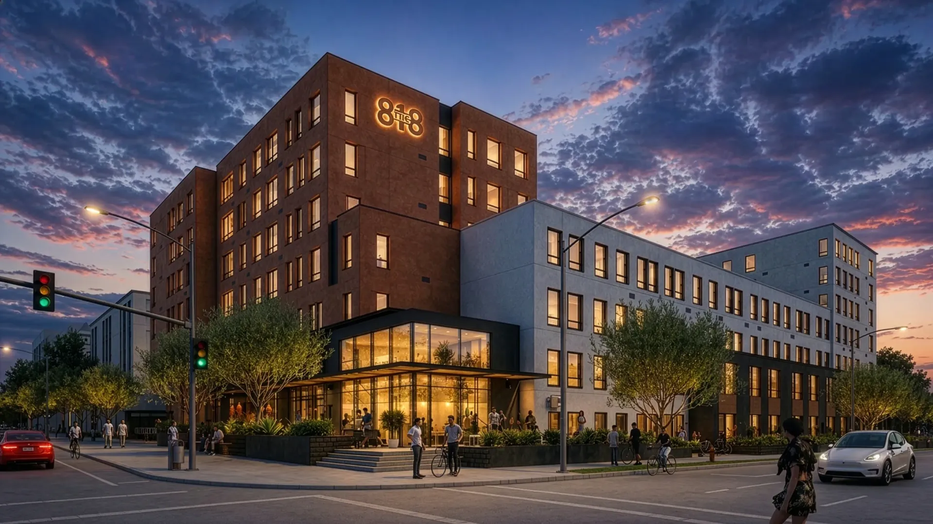 The 818 apartment building exterior at dusk.