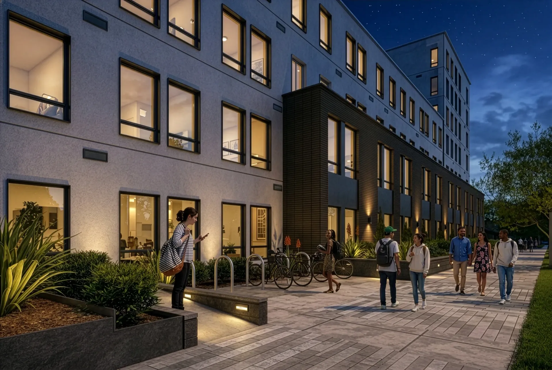 Modern apartment building exterior at night with people walking on the sidewalk.