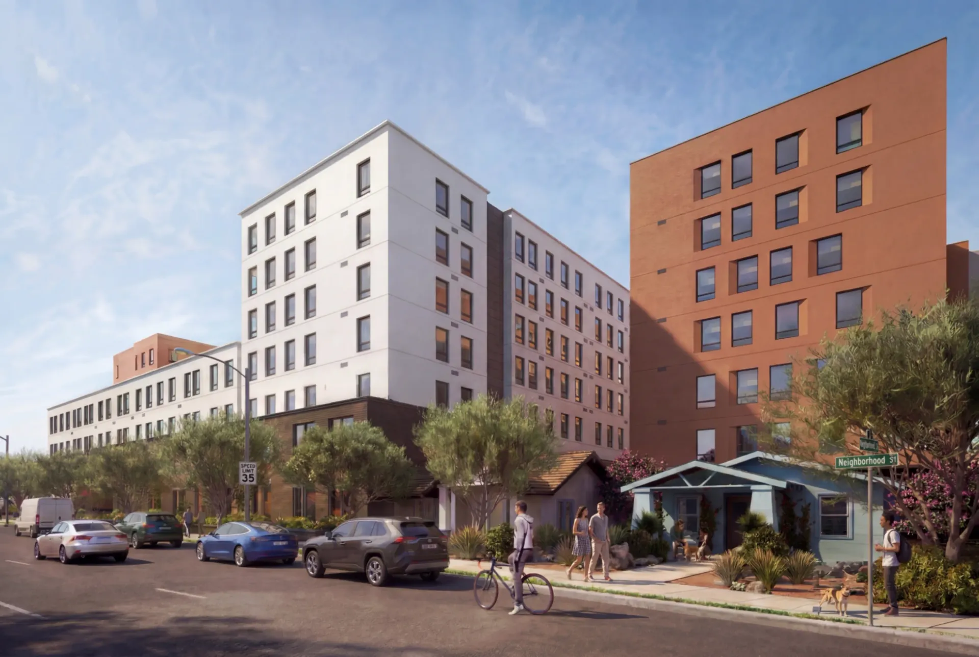 Modern apartment buildings with a street view and people walking.