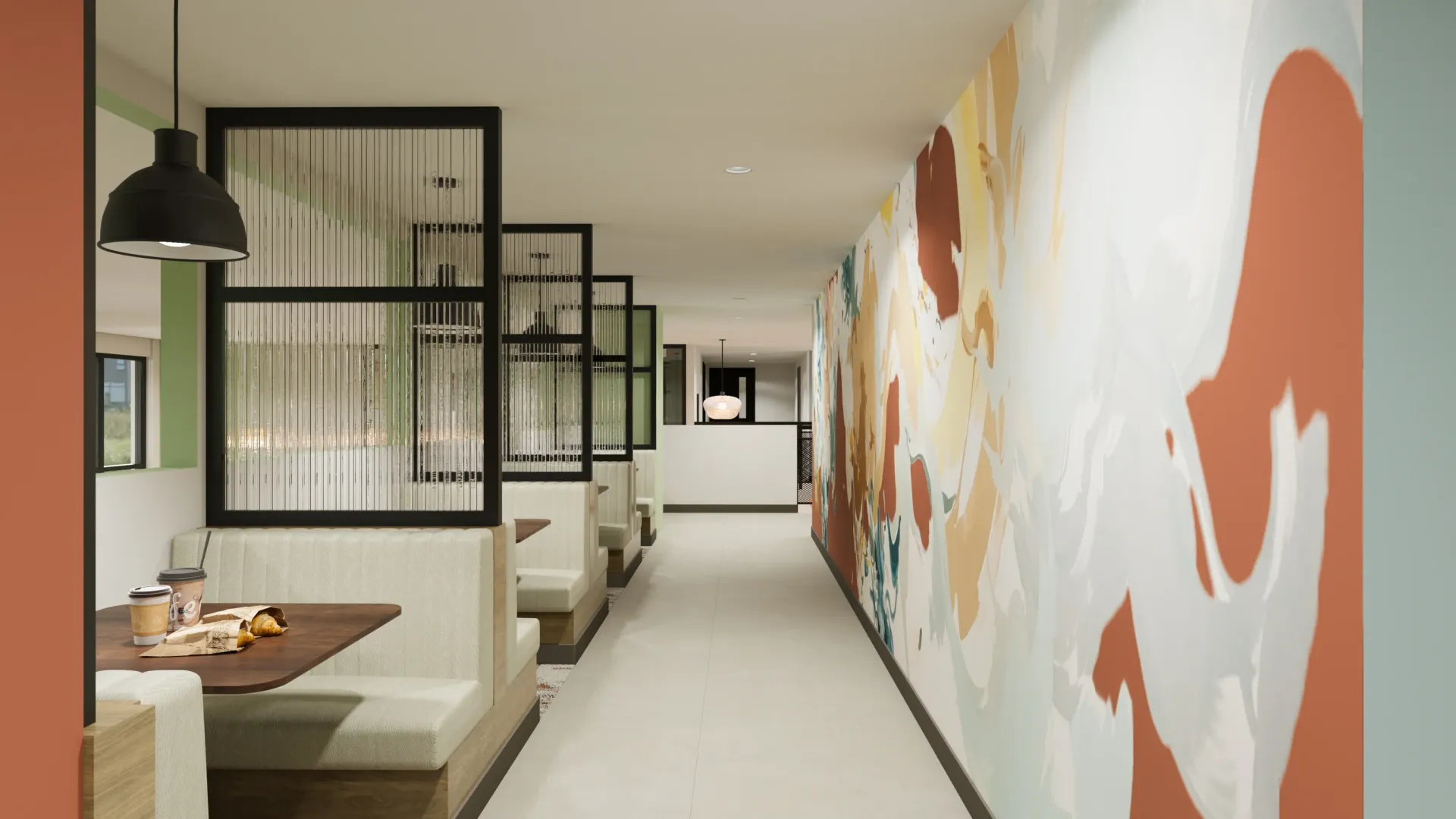 Modern dining area with booth seating and abstract mural art.
