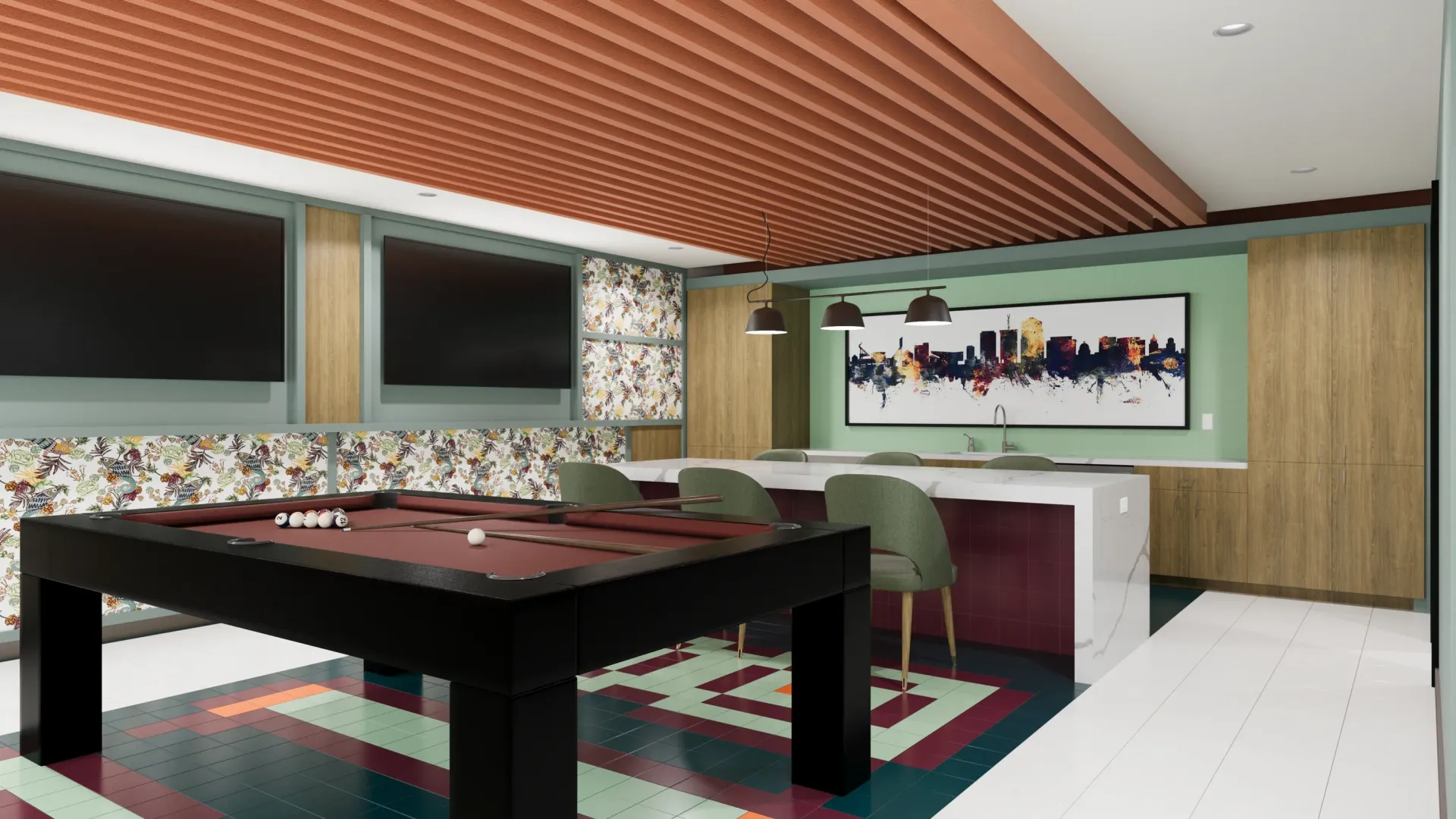 Lounge area with pool table, bar, and seating.