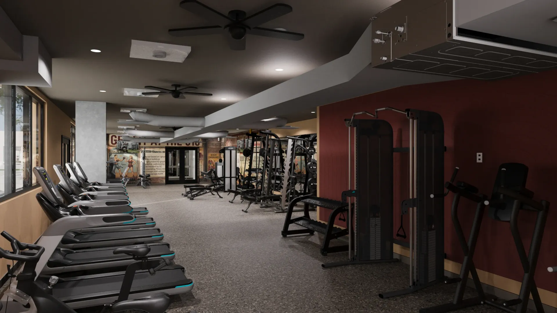 Fitness center with treadmills, weight machines, and benches.
