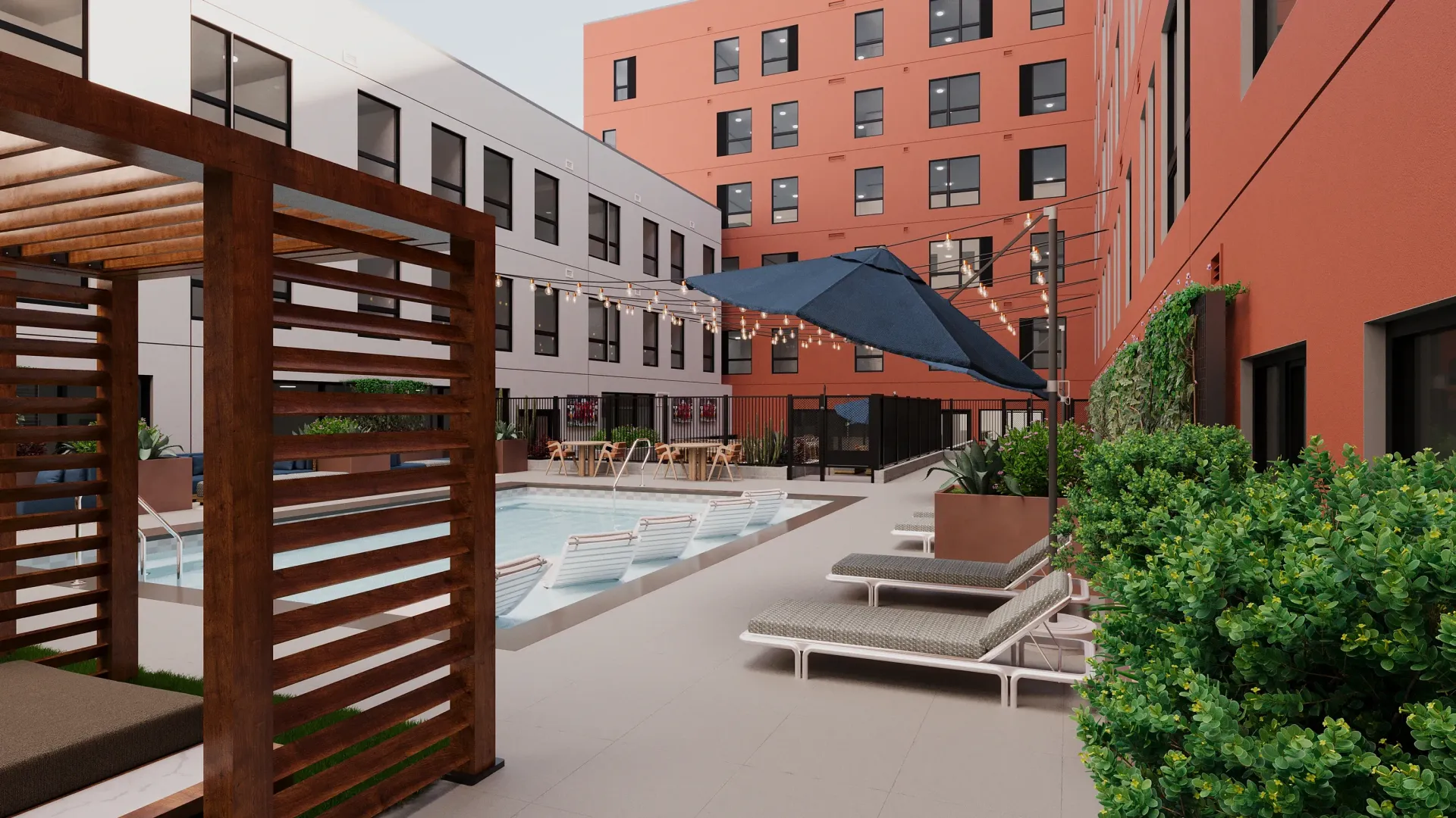 Modern courtyard with swimming pool, lounge chairs, and cabana.