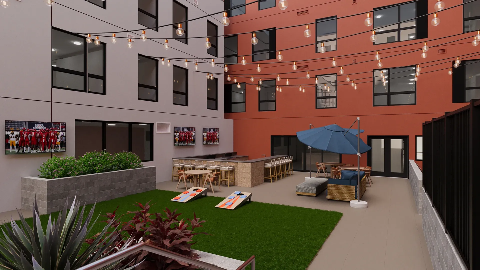Courtyard with bar, seating, and games