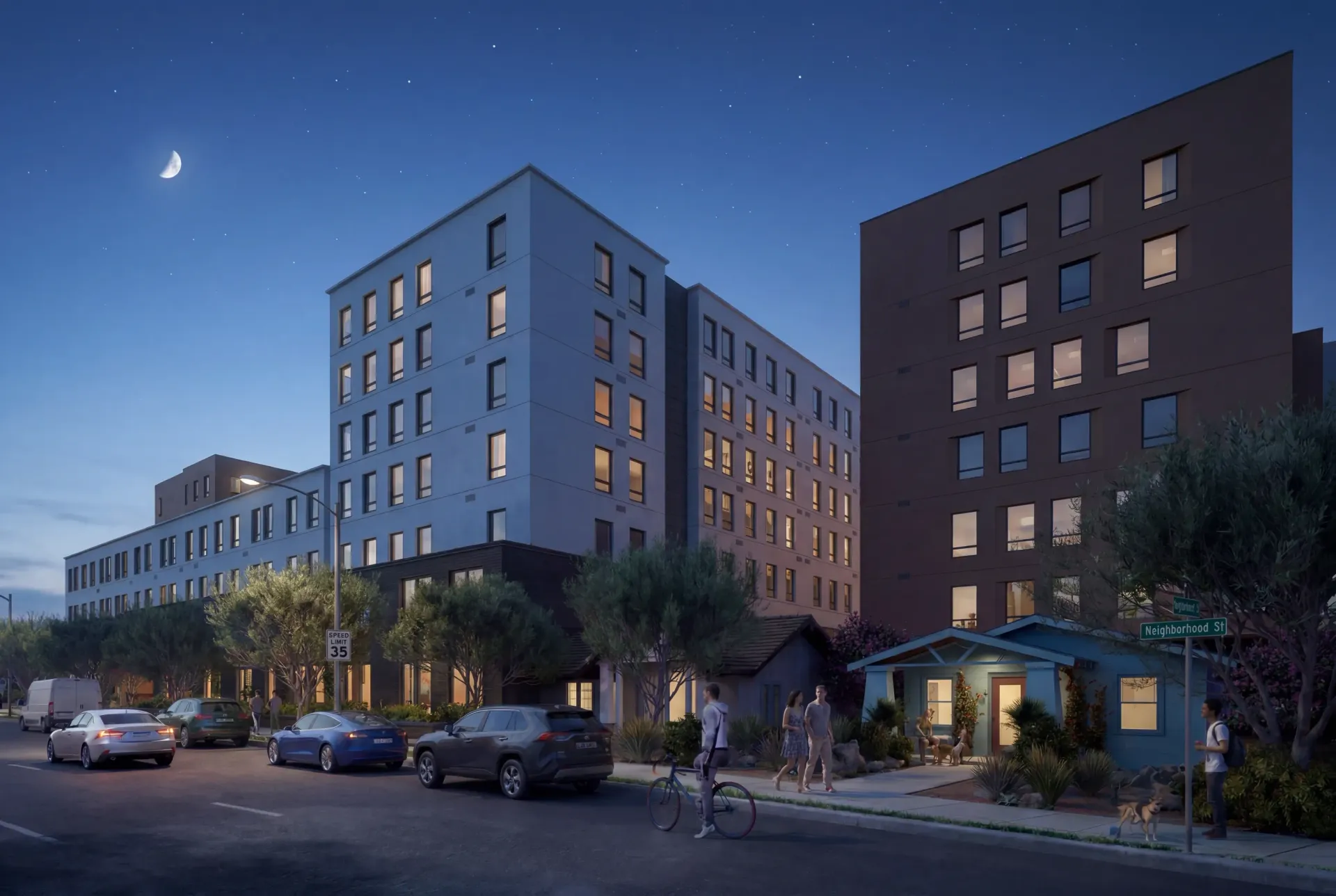 Modern apartment buildings at dusk with a crescent moon in the sky and cars parked on the street.