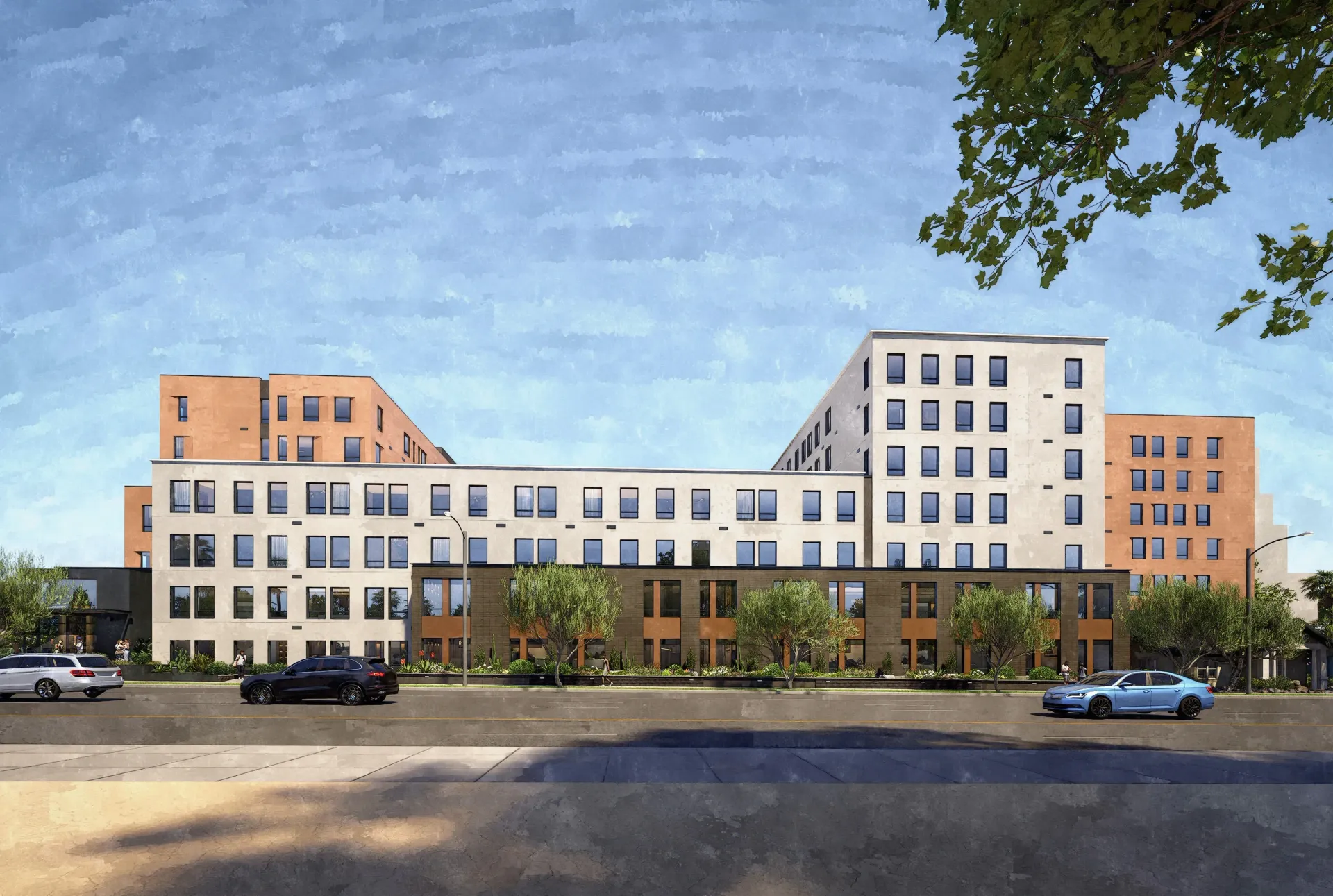 Modern apartment building exterior with multiple stories, balconies, and large windows.