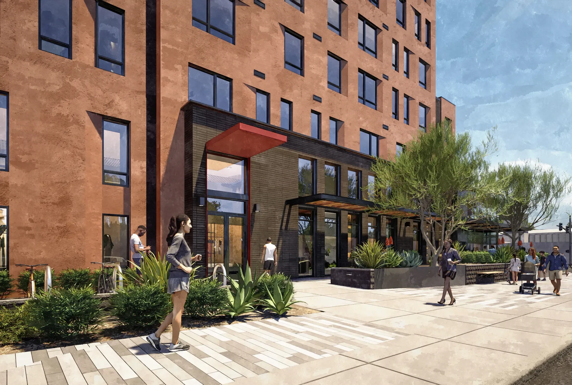 Rendering of a modern apartment building exterior with people walking and bikes parked.