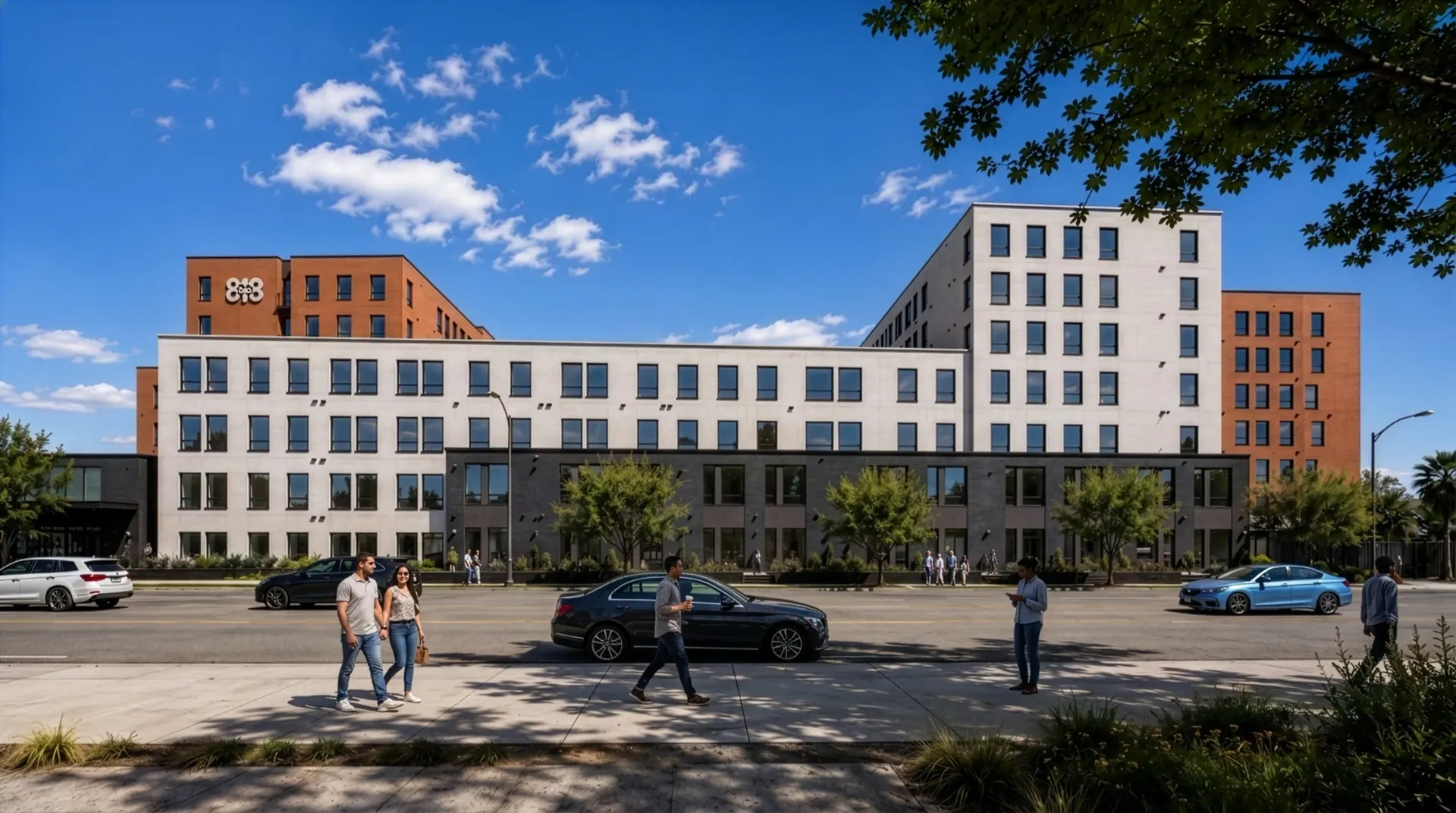 Modern apartment building exterior with people walking on the sidewalk and cars on the street.