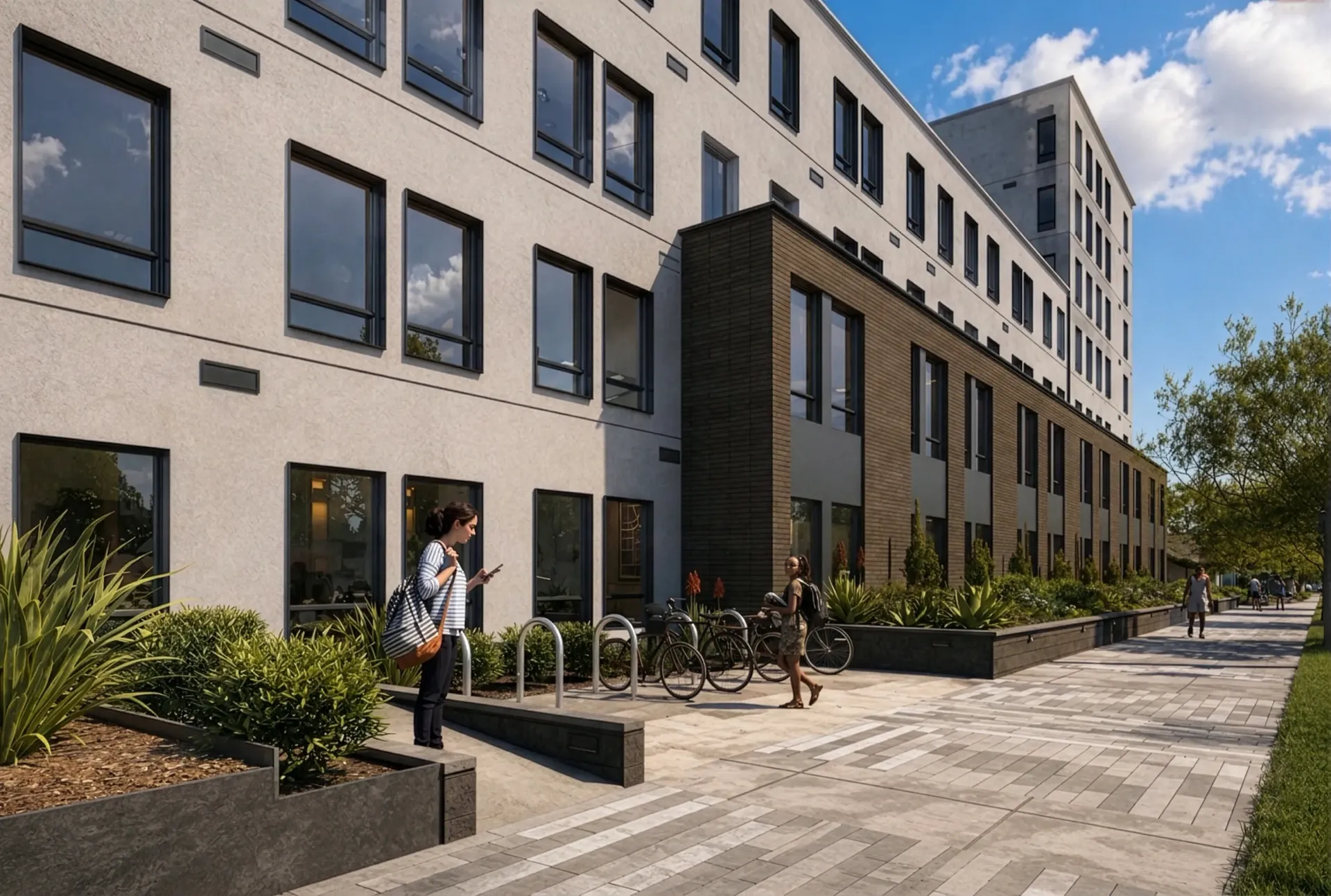 Modern apartment building exterior with people walking and biking.
