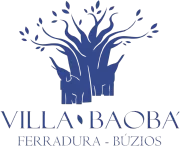 Logotipo azul de um baobá com os dizeres “VILLA BAOBA” e “FERRADURA - BUZIOS”