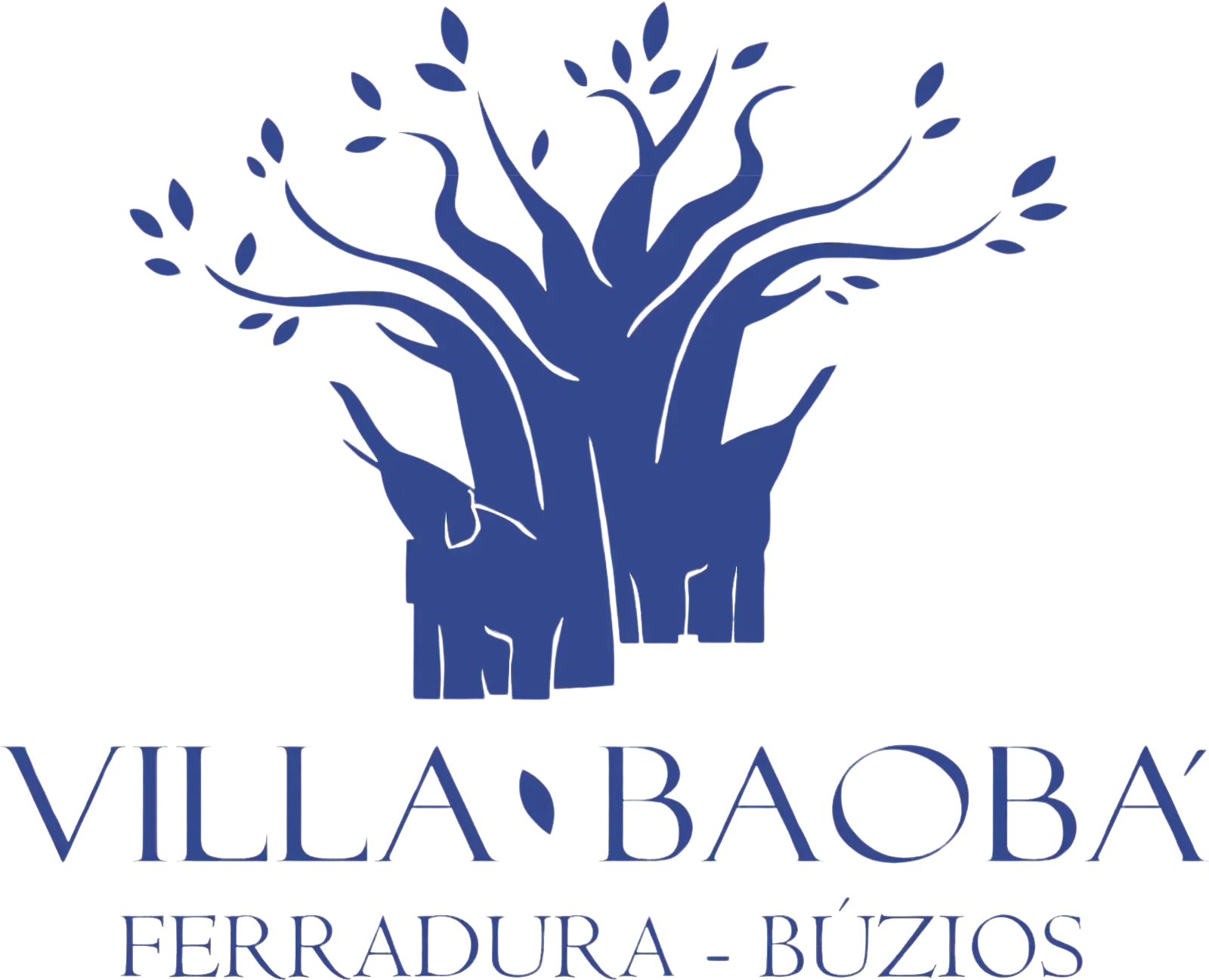 Logotipo azul de um baobá com os dizeres “VILLA BAOBA” e “FERRADURA - BUZIOS”