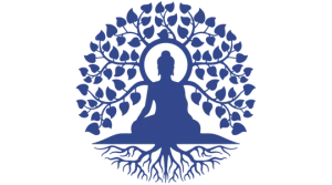 Silhueta azul de uma pessoa meditando sob uma árvore feita de folhas e raízes.