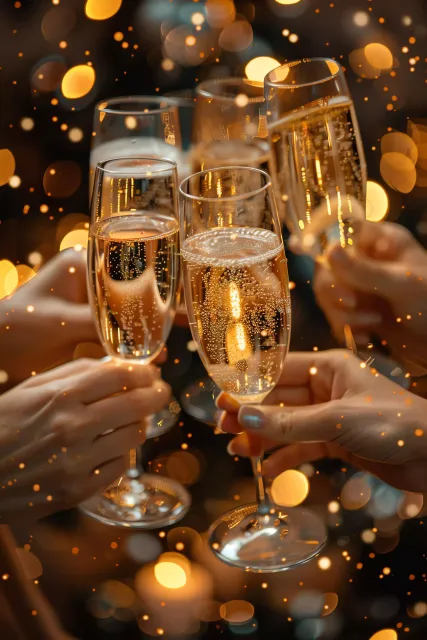 Mãos brindando com taças de champanhe em meio à luz dourada e quente do bokeh em uma celebração festiva.