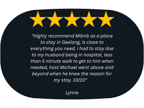 Mibnb Geelong short stay accommodation guest review highlighting cleanliness and location