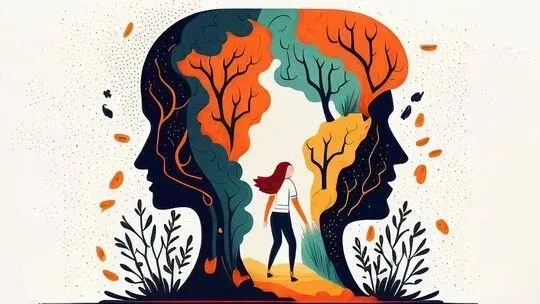 A graphic which is of two faces eother side, made out of trees, with a person walking through a gap between the two faces.